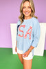 Blue USA Drop Shoulder Cuff Three Quarter Sleeve Top