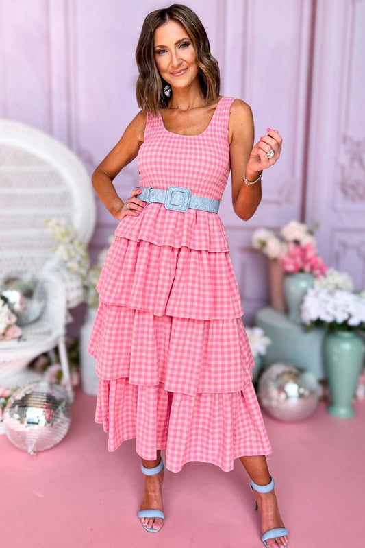  Pink Gingham Sleeveless Smocked Bodice Multi Ruffle Skirt Midi Dress, Gingham dress, spring dress, church dress, midi dress, spring style, church style, elevated style, mom style, shop style your senses by mallory fitzsimmons, ssys by mallory fitzsimmons