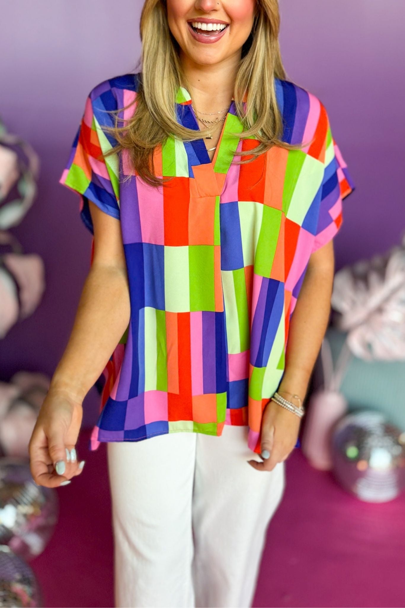 Multi Abstract Printed Split Neck Dolman Short Sleeve Top, printed top, colorful top, spring fashion, must have top, must have style, office style, spring fashion, elevated style, elevated top, mom style, work top, shop style your senses by mallory fitzsimmons, ssys by mallory fitzsimmons