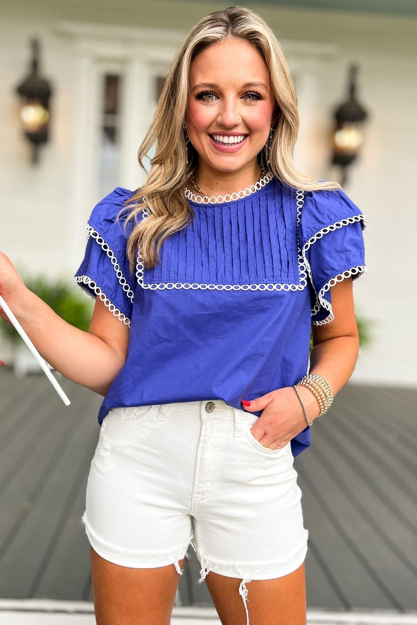 SSYS The Lyla Lace Trim Top In Blue, ssys top, ssys the label, elevated top, must have top, Fourth of July collection, must have style, mom style, summer style, shop style your senses by MALLORY FITZSIMMONS, ssys by MALLORY FITZSIMMONS