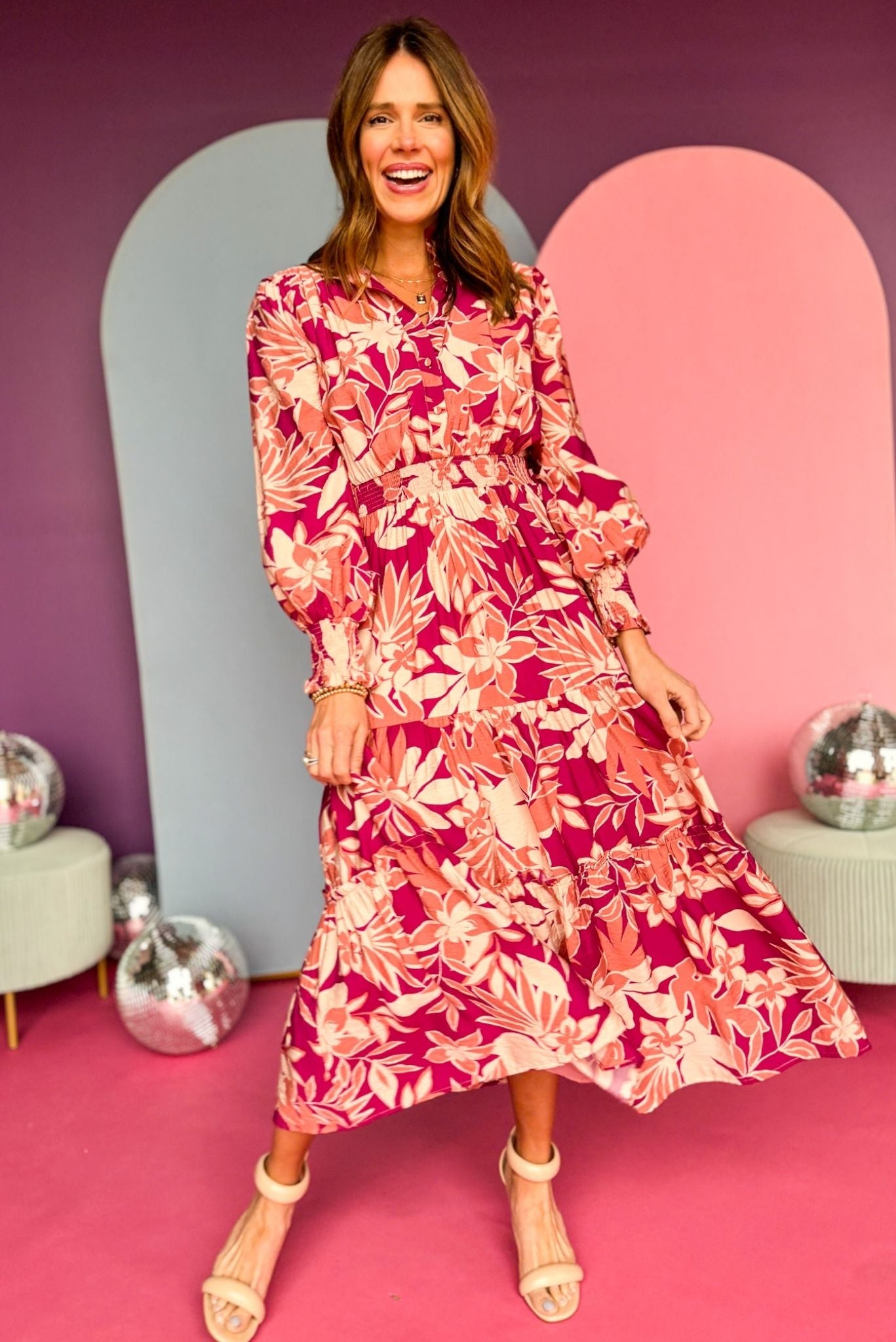 Magenta Floral Printed Frilled Neck Smocked Detail Long Sleeve Maxi Dress, must have dress, must have style, office style, spring fashion, elevated style, elevated dress, mom style, work dress, shop style your senses by mallory fitzsimmons