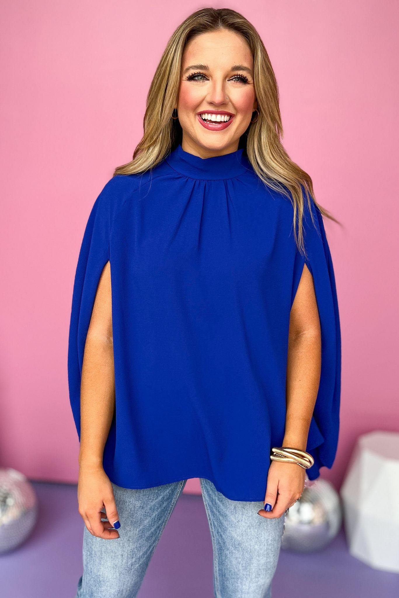 Royal Blue Textured High Neck Cape Top, must have top, must have style, brunch style, church style, spring fashion, elevated style, elevated top, mom style, shop style your senses by mallory fitzsimmons, ssys by mallory fitzsimmons
