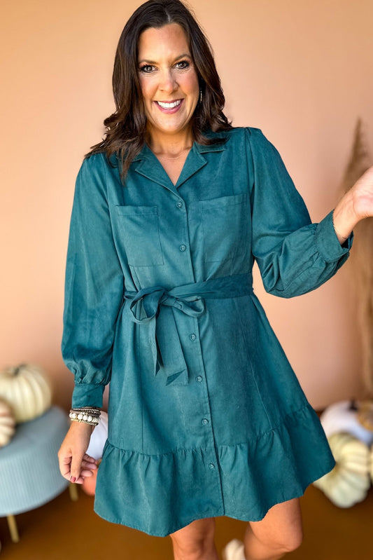  Hunter Green Faux Suede Tie Waist Button Front Skirted Dress, must have dress, must have style, fall style, fall fashion, elevated style, elevated dress, mom style, fall collection, fall dress, shop style your senses by mallory fitzsimmons