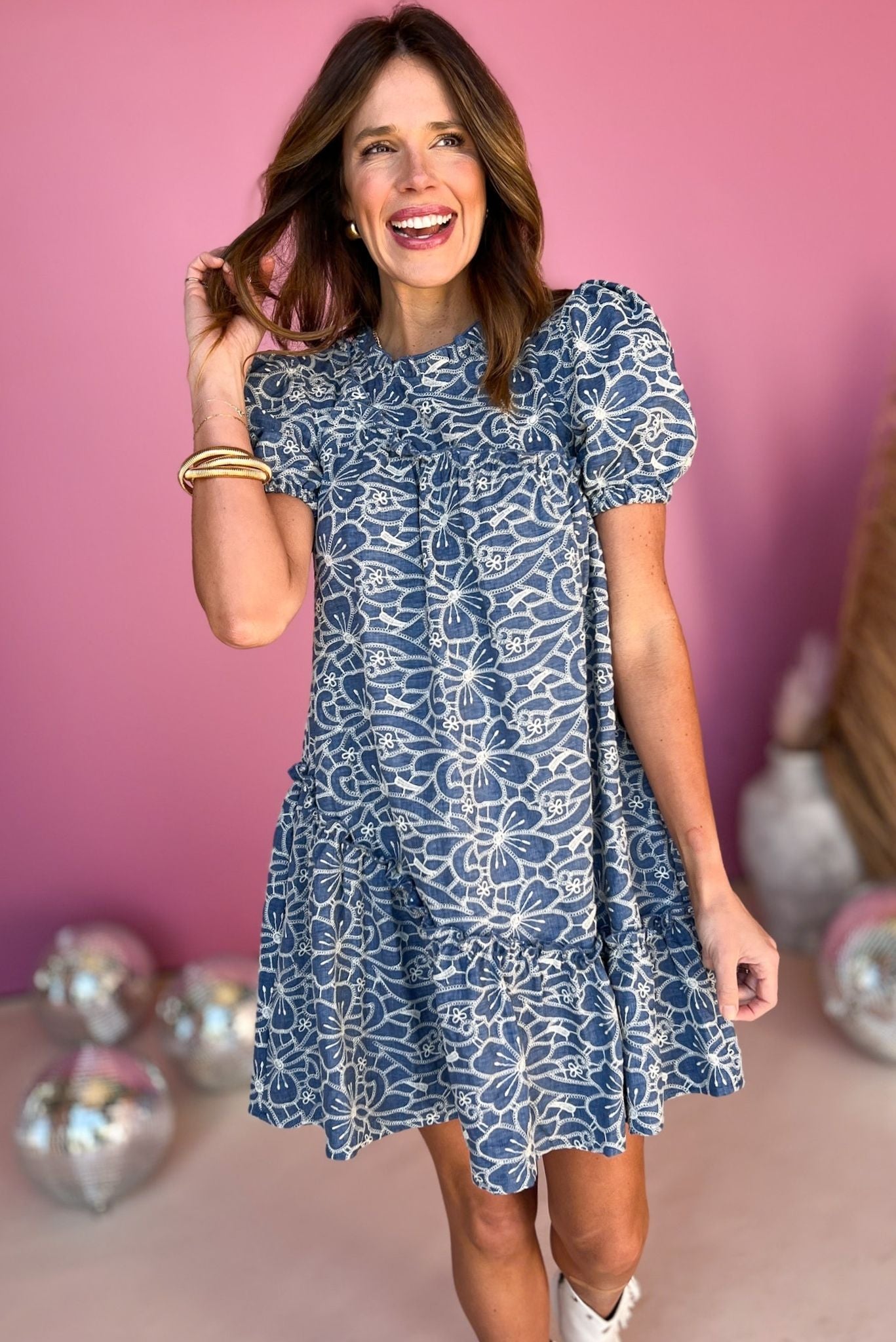 Asymmetrical Yoke Hem Ruffle Short Sleeve Elastic Embroidered Dress, must have dress, must have style, concert style, spring fashion, elevated style, elevated dress, mom style, shop style your senses by mallory fitzsimmons, ssys by mallory fitzsimmons