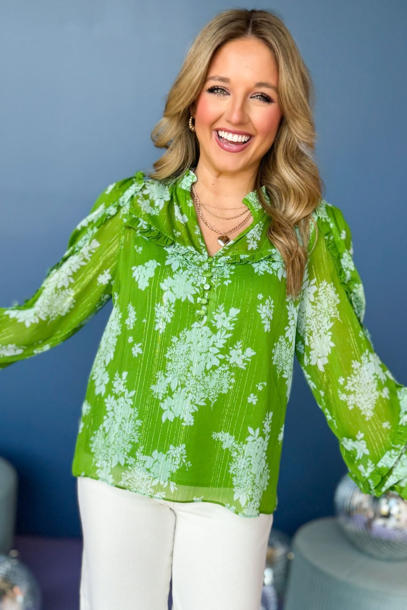 Kelly Green Floral Printed Split Neck Ruffle Detail Top, must have top, must have style, office style, spring fashion, elevated style, elevated top, mom style, work top, shop style your senses by mallory fitzsimmons