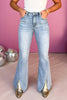 Risen Light Wash High Rise Twisted Hem Split Flare Jeans, must have denim, elevated denim, concert style, country style, country concert, split jeans, mom style, shop style your senses by mallory fitzsimmons, ssys by mallory fitzsimmons