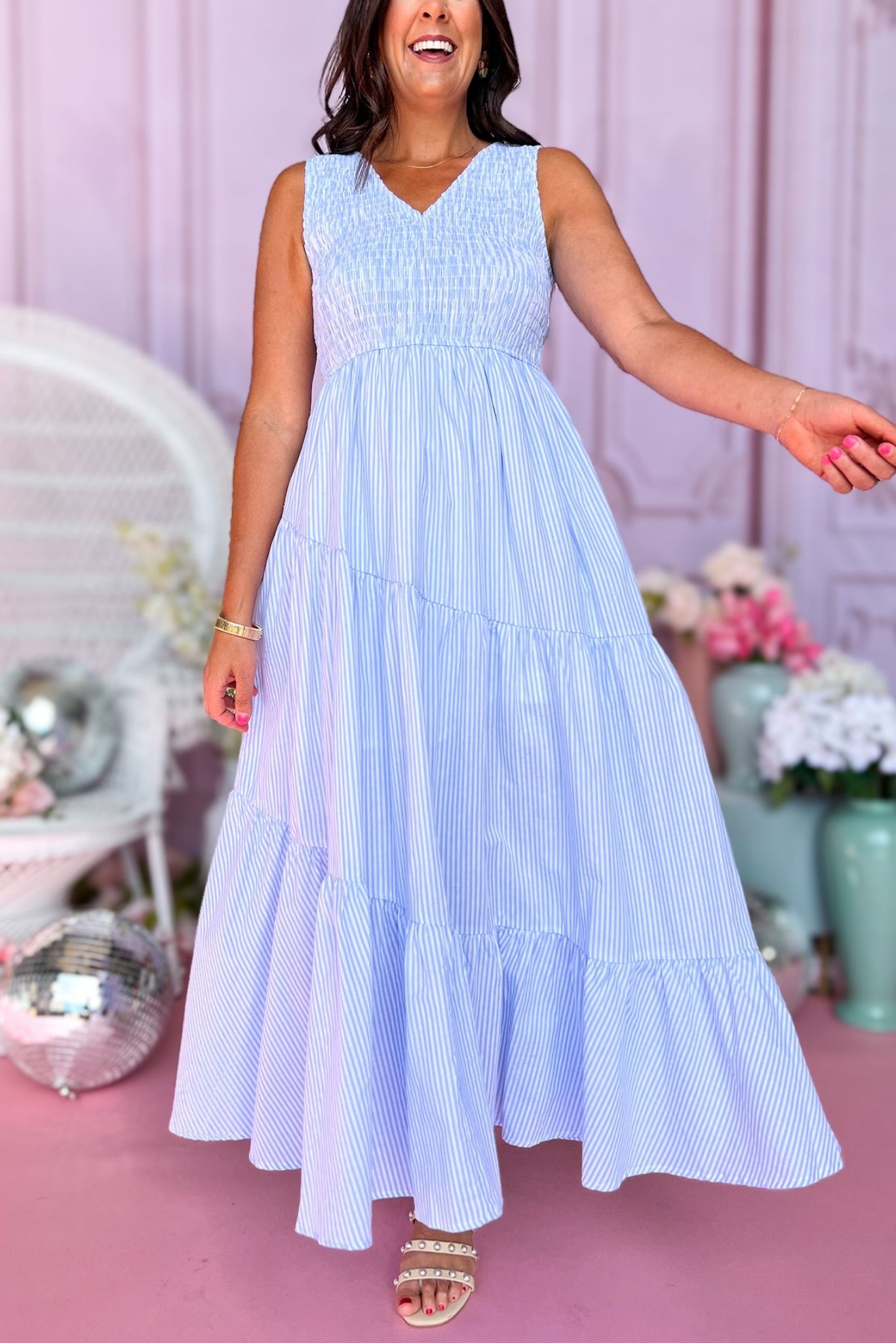 Blue Smocked Bodice V Neck Sleeveless Tie Back Maxi Dress, Striped dress, spring dress, church dress, midi dress, spring style, church style, elevated style, mom style, shop style your senses by mallory fitzsimmons, ssys by mallory fitzsimmons