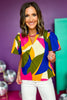Khaki Multi Abstract Printed Split Neck Short Sleeve Poplin Top, must have top, must have style, office style, winter fashion, elevated style, elevated top, mom style, work top, shop style your senses by mallory fitzsimmons