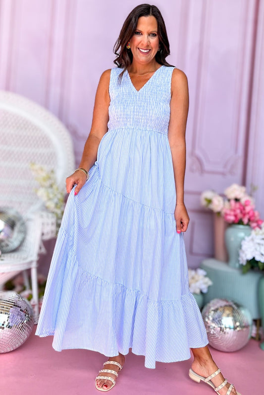 Blue Smocked Bodice V Neck Sleeveless Tie Back Maxi Dress, Striped dress, spring dress, church dress, midi dress, spring style, church style, elevated style, mom style, shop style your senses by mallory fitzsimmons, ssys by mallory fitzsimmons