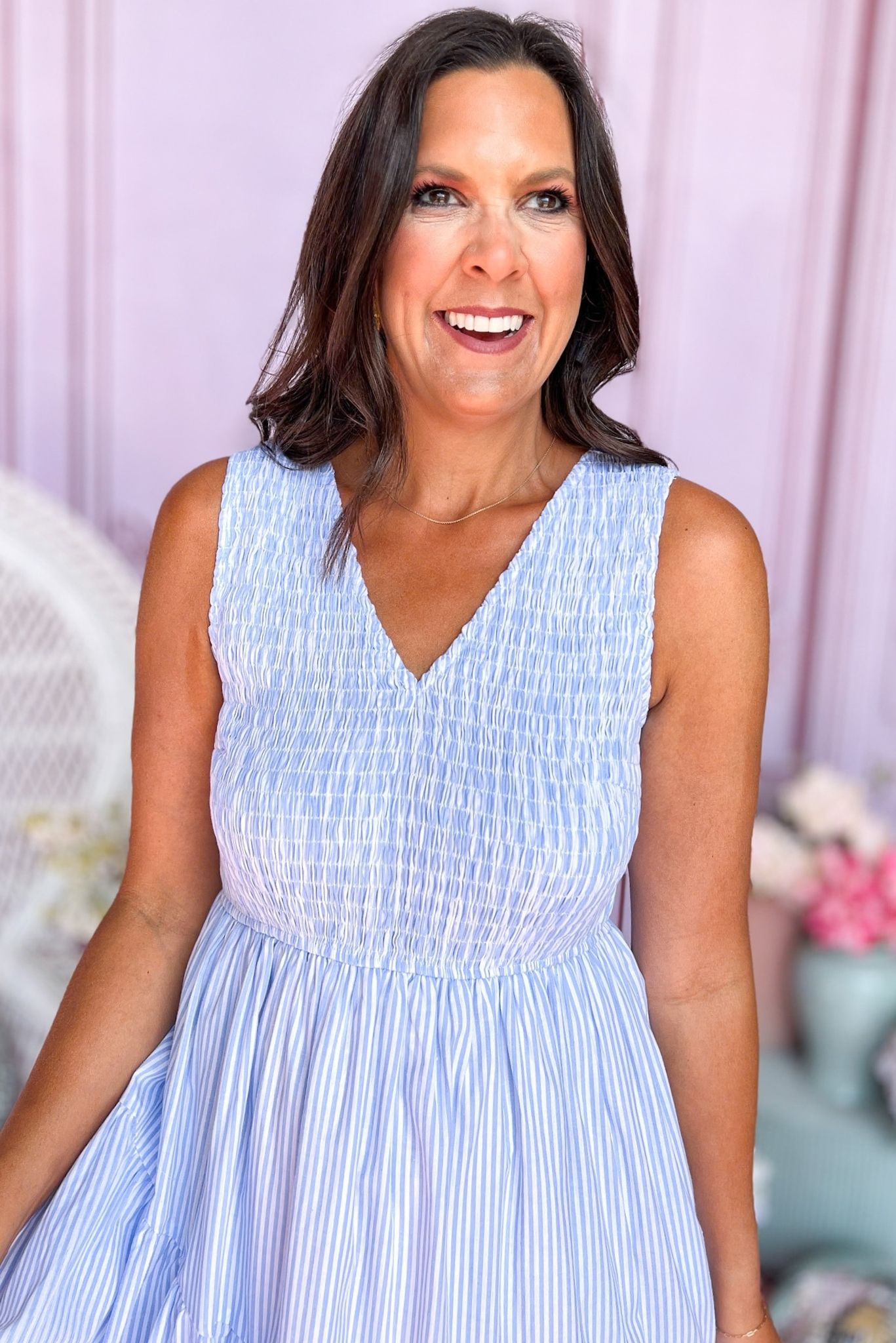 Blue Smocked Bodice V Neck Sleeveless Tie Back Maxi Dress, Striped dress, spring dress, church dress, midi dress, spring style, church style, elevated style, mom style, shop style your senses by mallory fitzsimmons, ssys by mallory fitzsimmons
