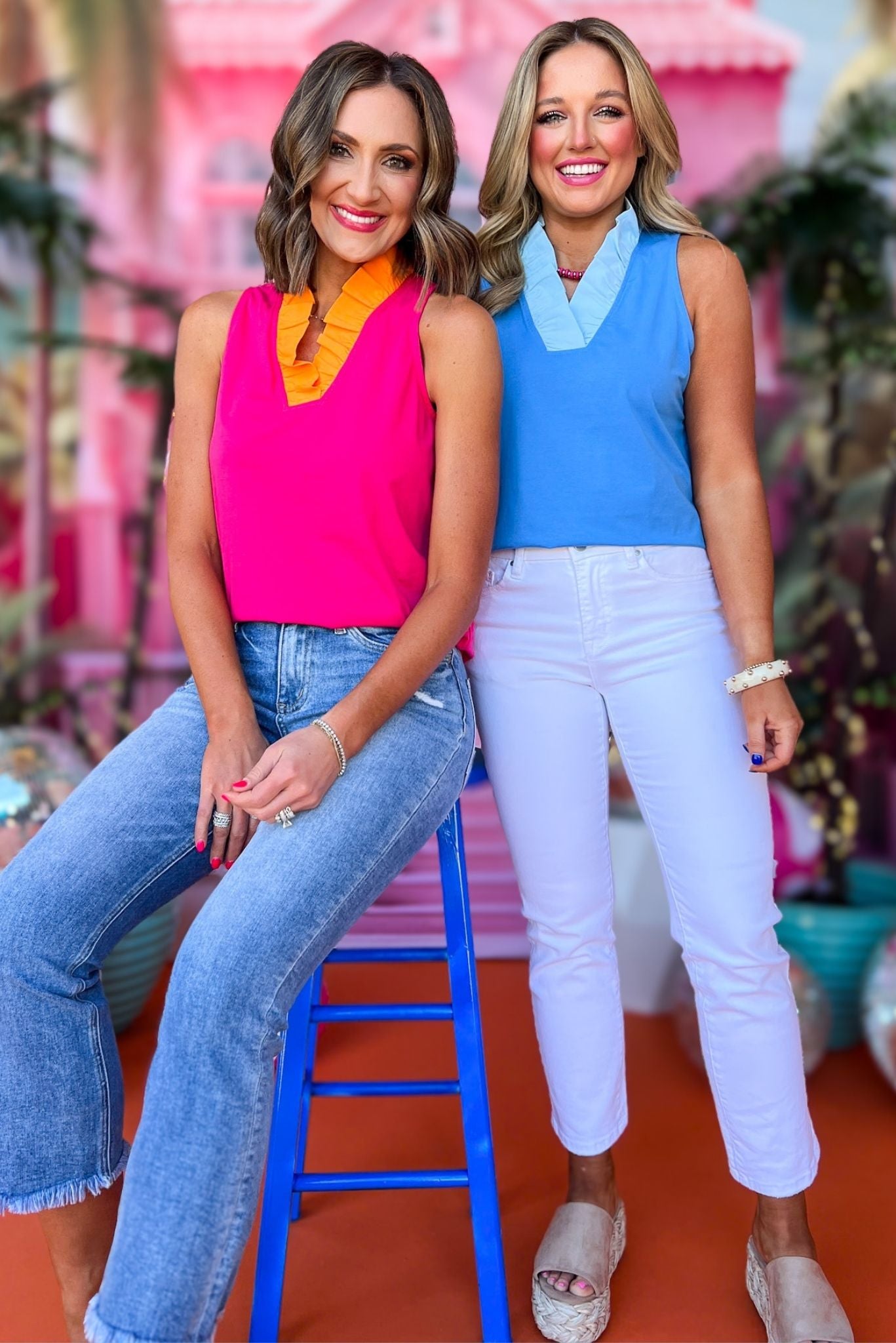 SSYS The Darcy Ruffle Colorblock Collar Sleeveless Top In Blue, ssys the label, spring break top, spring break style, spring fashion affordable fashion, elevated style, bright style, ruffle top, mom style, shop style your senses by mallory fitzsimmons, ssys by mallory fitzsimmons