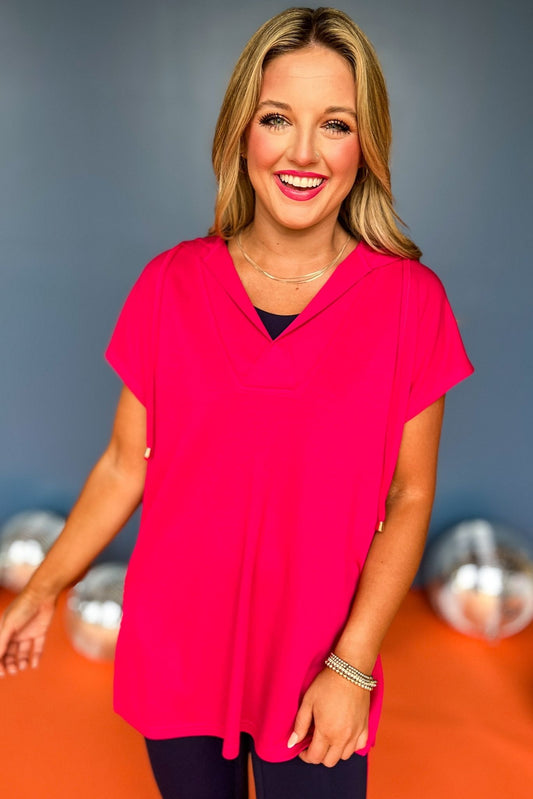 SSYS V Neck Hooded Lightweight Air Tent Top In Dark Pink, Ssys athlesiure, Spring athleisure, athleisure, elevated athleisure, signature top, must have air top , athletic air top, athletic style, mom style, shop style your senses by mallory fitzsimmons, ssys by mallory fitzsimmons