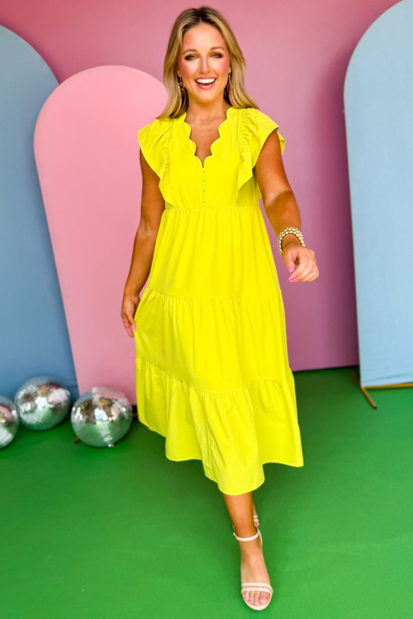 Chartreuse V Scallop Neck Ruffle Short Sleeve Tiered Midi Dress, scallop detail. dress, must have dress, must have style, weekend style, brunch style, spring fashion, elevated style, elevated style, mom style, shop style your senses by mallory fitzsimmons, ssys by mallory fitzsimmons