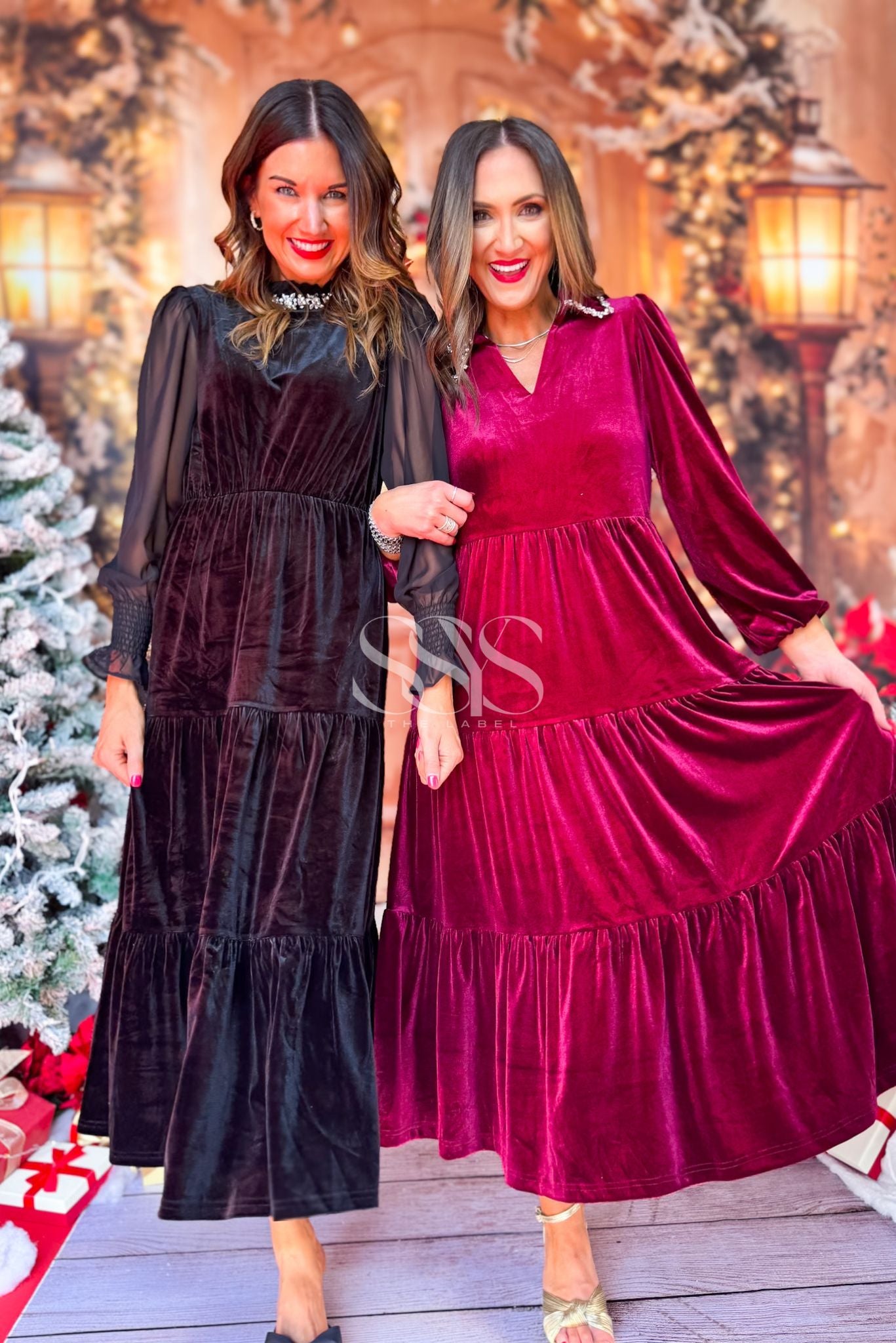 SSYS Snow Velvet Rhinestone Collar Maxi Dress In Maroon