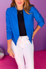Blue Long Sleeve Open Blazer Jacket, Saturday steal, blazer, must have blazer, must have jacket, spring style, spring fashion, elevated style, layering piece, mom style, shop style your senses by Mallory Fitzsimmons, says by Mallory Fitzsimmons Edit alt text