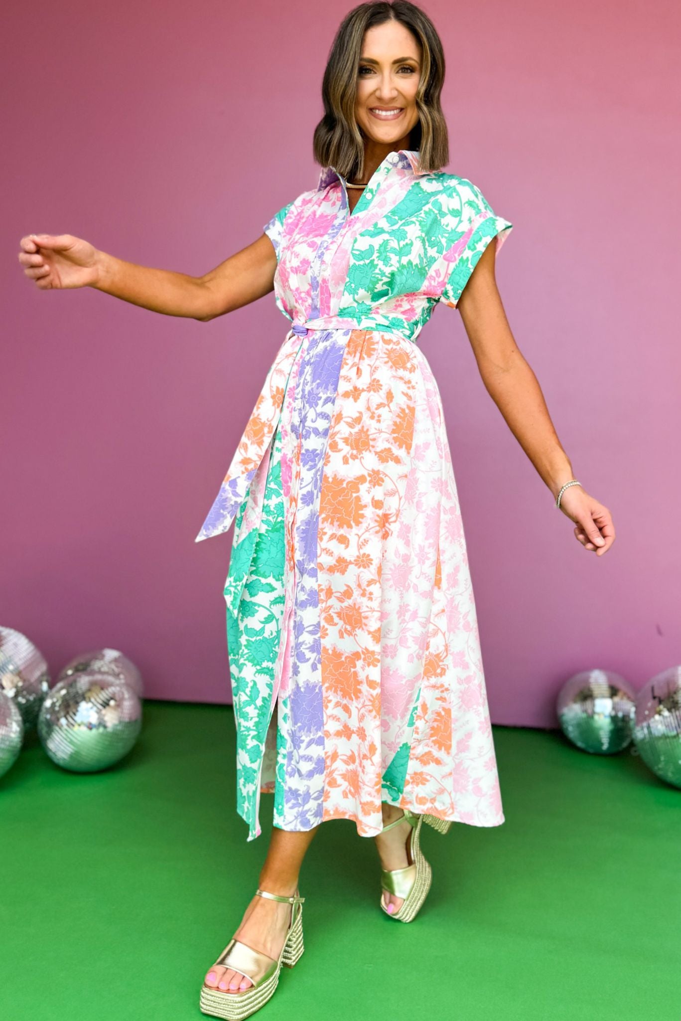 Purple Multi Print Collared Button Down Tie Waist Front Slit Dress, mixed print dress, tie detail dress, must have dress, must have style, weekend style, brunch style, spring fashion, elevated style, elevated style, mom style, shop style your senses by mallory fitzsimmons, ssys by mallory fitzsimmons