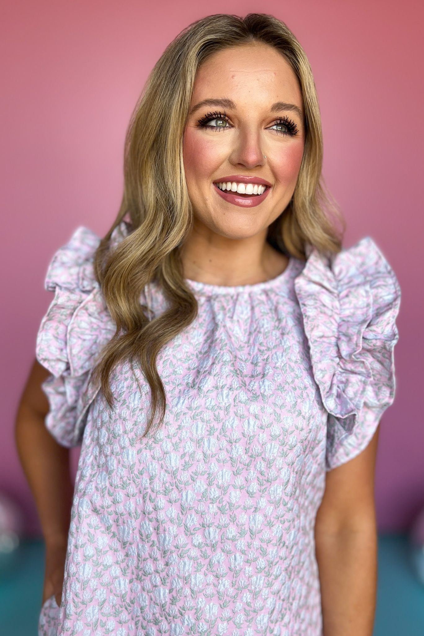 Pink Round Neck Ruffle Shoulder Dress, ruffle dress, must have dress, must have style, weekend style, brunch style, spring fashion, elevated style, elevated style, mom style, shop style your senses by mallory fitzsimmons, ssys by mallory fitzsimmons Edit alt text