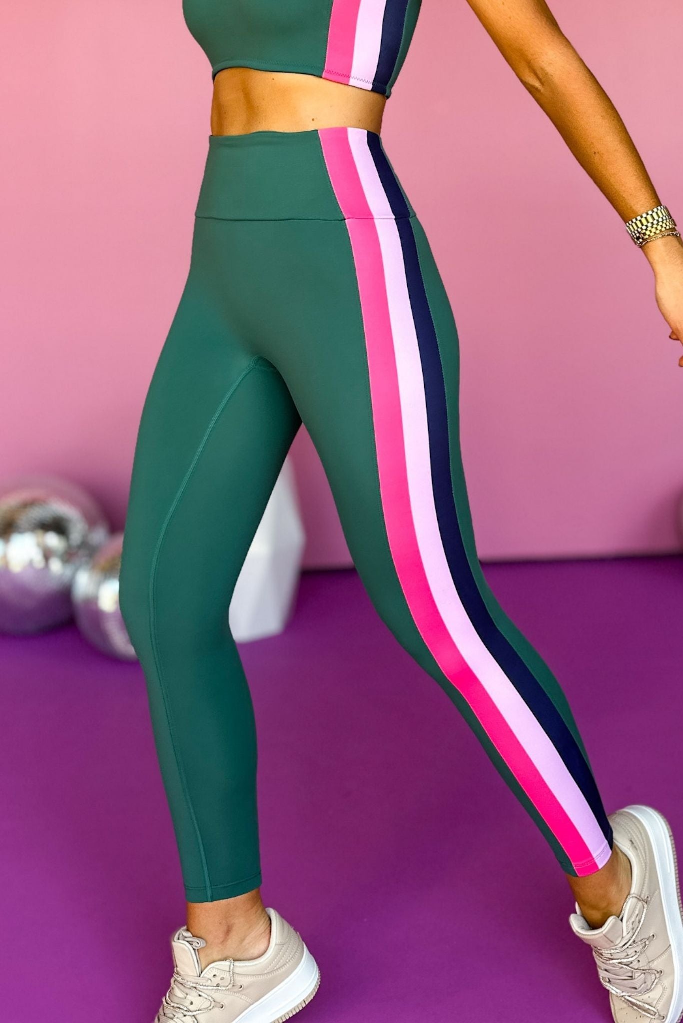 SSYS Olive and Pink Inset Stripe Hunter Green Leggings, elevated leggings, elevated style, must have style, must have leggings, must have stripes, fall leggings, fall athleisure, mom style, athletic style, SSYS the label, SSYS athleisure, shop style your senses by mallory fitzsimmons