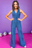 Denim V Neck Sleeveless Tie Open Back Wide Leg Jumpsuit, must have jumpsuit, denim jumpsuit, concert style, western style, Nashville style, elevated look, mom style, shop style your senses by Mallory Fitzsimmons, ssys by Mallory Fitzsimmons