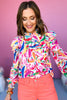 Pink Multi Abstract High Frill Neck Ruffled Shoulder Long Sleeve Top, printed top, must have top, must have style, date night style, spring fashion, elevated style, elevated top, mom style, shop style your senses by mallory fitzsimmons, ssys by mallory fitzsimmons