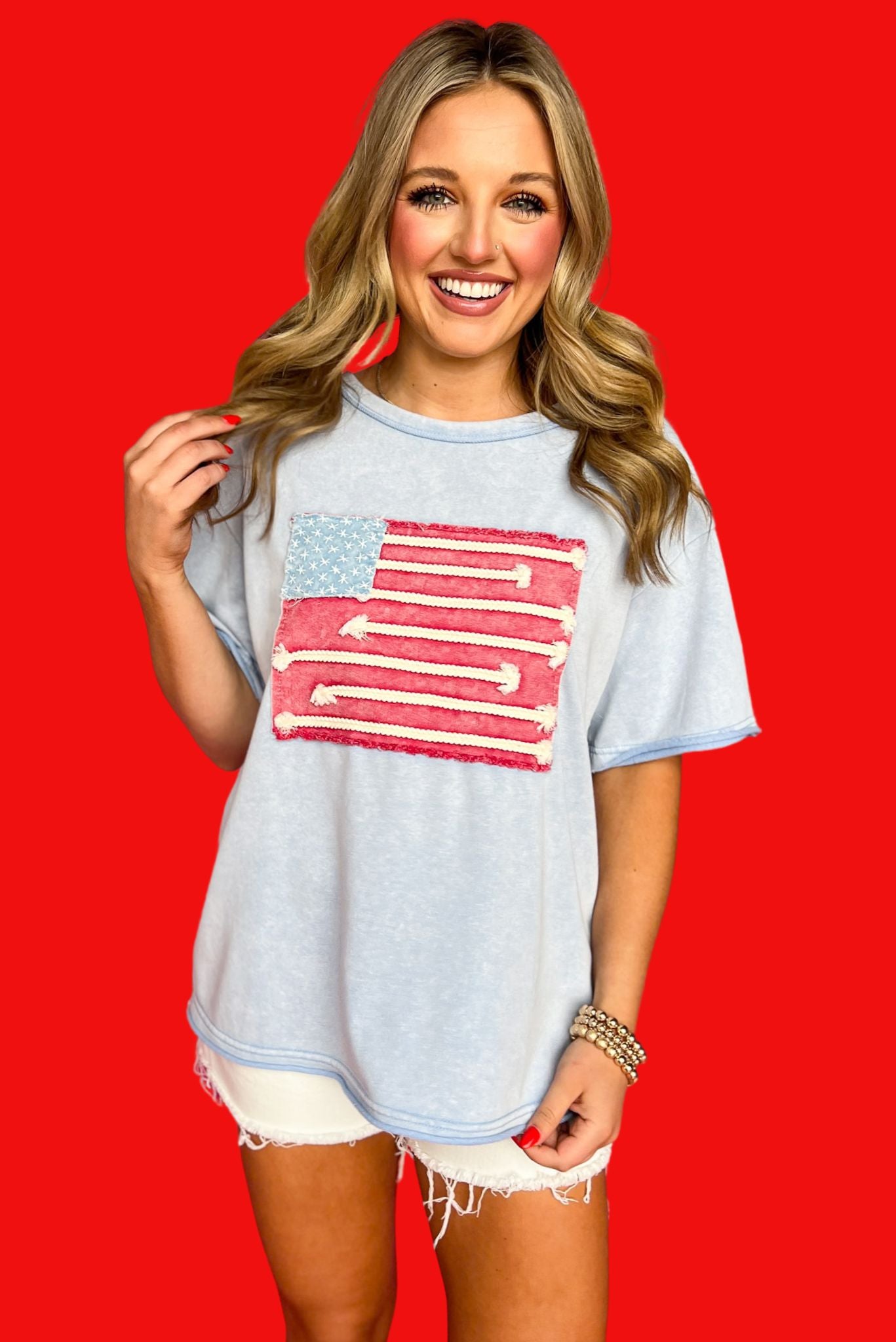 Blue Drop Shoulder Natural Hem Short Sleeve American Flag Top, t-shirt, must have tee, elevated tee, Fourth of July style, must have style, patriotic style, summer style, summer top, ssys by MALLORY FITZSIMMONS