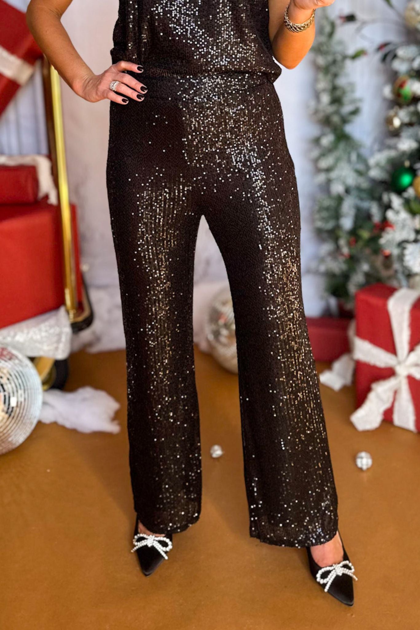  Black Sequin Flare Leg Pants, must have pants, must have style, elevated pants, elevated style, holiday style, holiday fashion, elevated holiday, holiday collection, affordable fashion, mom style, shop style your senses by mallory fitzsimmons