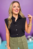 Black Button Front Collared Cap Sleeve Top, must have top, must have style, brunch style, summer style, spring fashion, elevated style, elevated top, mom style, shop style your senses by mallory fitzsimmons, ssys by mallory fitzsimmons