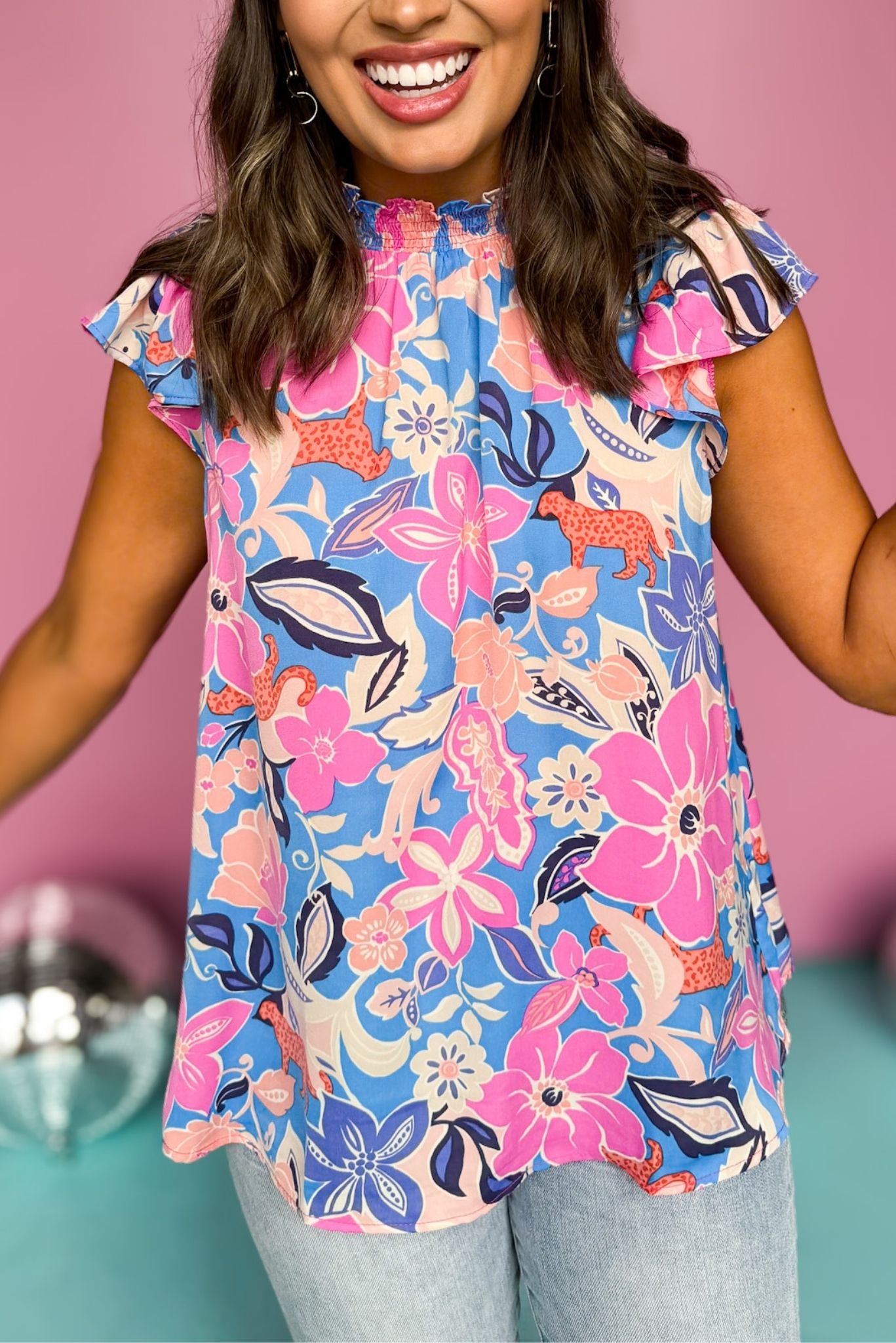 Blue Multi Print Mock Neck Ruffle Cap Sleeve Top, printed top, floral top, must have top, must have style, summer style, spring fashion, elevated style, elevated top, mom style, shop style your senses by mallory fitzsimmons, ssys by mallory fitzsimmons  Edit alt text
