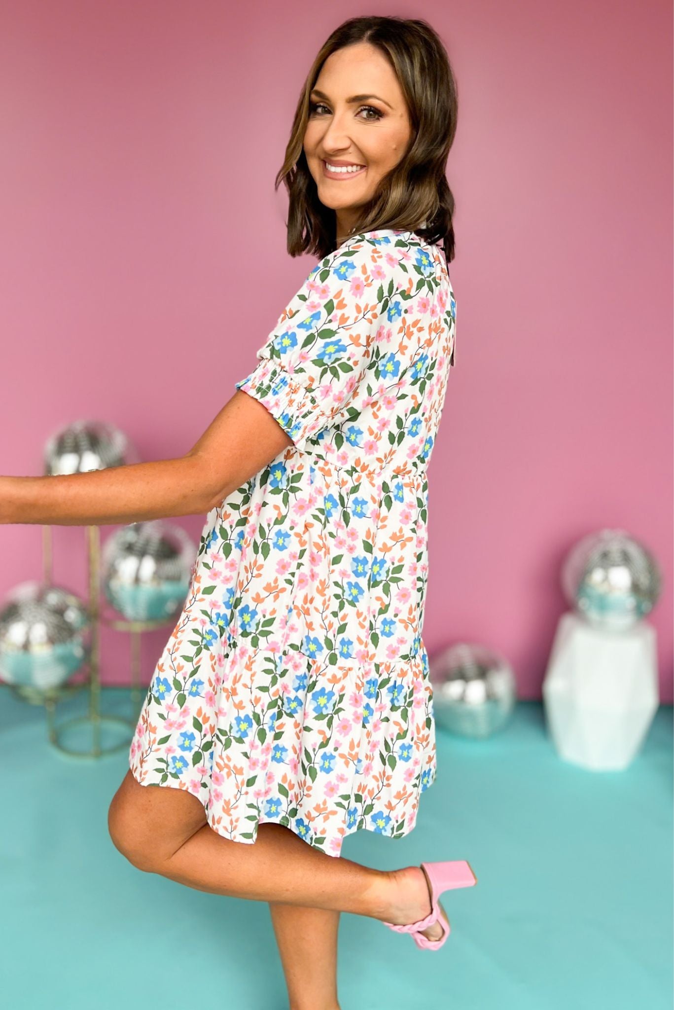 THML White Frill V Neck Smocked Short Sleeve Floral Dress