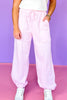 Pink High Rise Elastic Drawstring Waist Cuff Hem Sweatpants, pockets, lounge wear, casual pants, ssys by mallory fitzsimmons