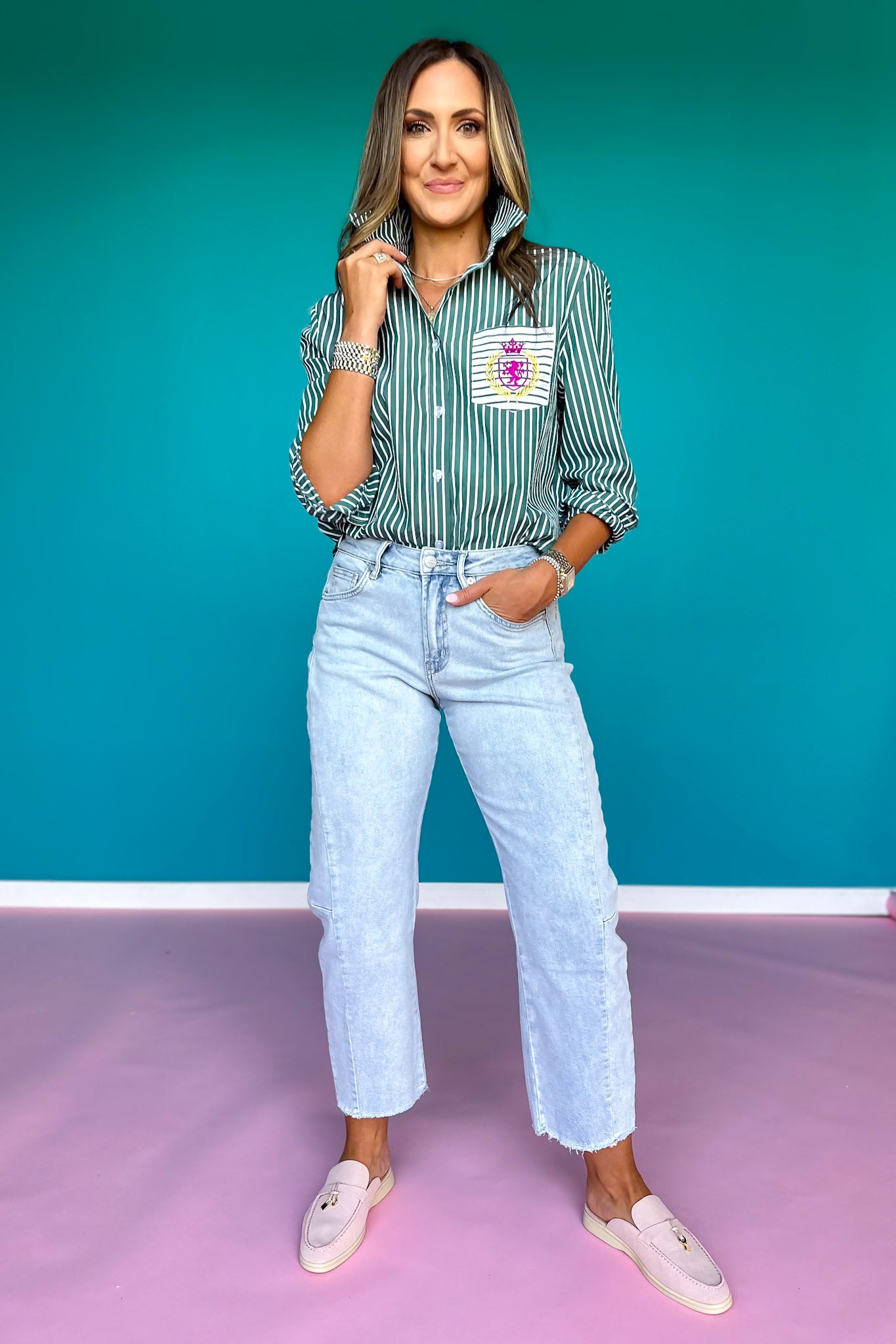 SSYS Collette Poplin Stripe Embroidery Top In Hunter