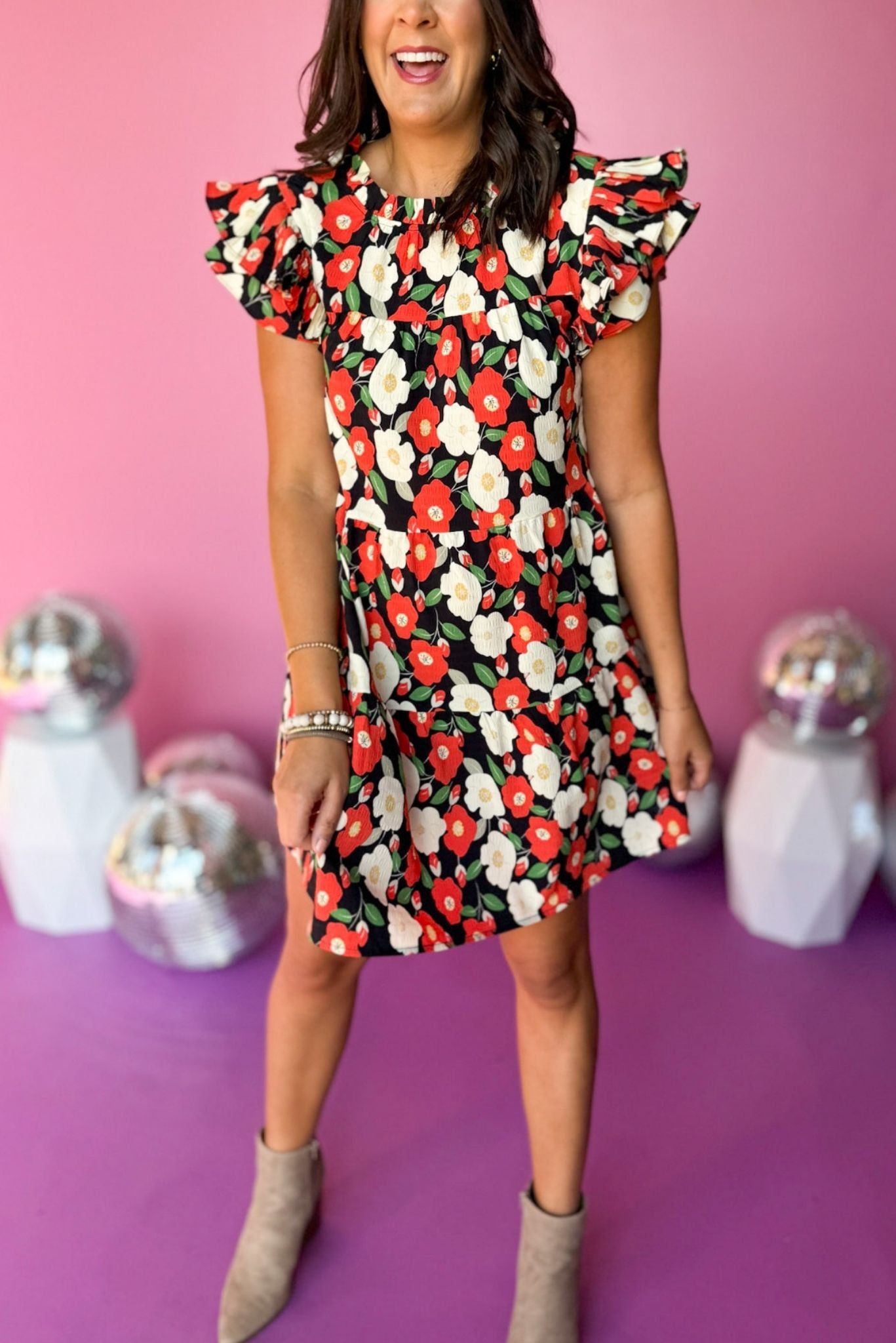 Black Red Floral Frill Neck Ruffle Sleeve Shift Dress, must have dress, must have style, fall style, fall fashion, elevated style, elevated dress, mom style, fall collection, fall dress, shop style your senses by mallory fitzsimmons
