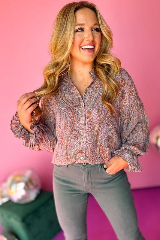 Dusty Lavender Paisley Printed Button Front Long Sleeve Top, must have top, must have style, must have fall, fall collection, fall fashion, elevated style, elevated top, mom style, fall style, shop style your senses by mallory fitzsimmons