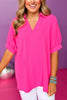 Hot Pink Collared V Neck Short Sleeve Top, bright top, office top, must have top, must have style, summer style, spring fashion, elevated style, elevated top, mom style, shop style your senses by mallory fitzsimmons, ssys by mallory fitzsimmons  Edit alt text