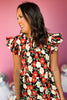 Black Red Floral Frill Neck Ruffle Sleeve Shift Dress, must have dress, must have style, fall style, fall fashion, elevated style, elevated dress, mom style, fall collection, fall dress, shop style your senses by mallory fitzsimmons