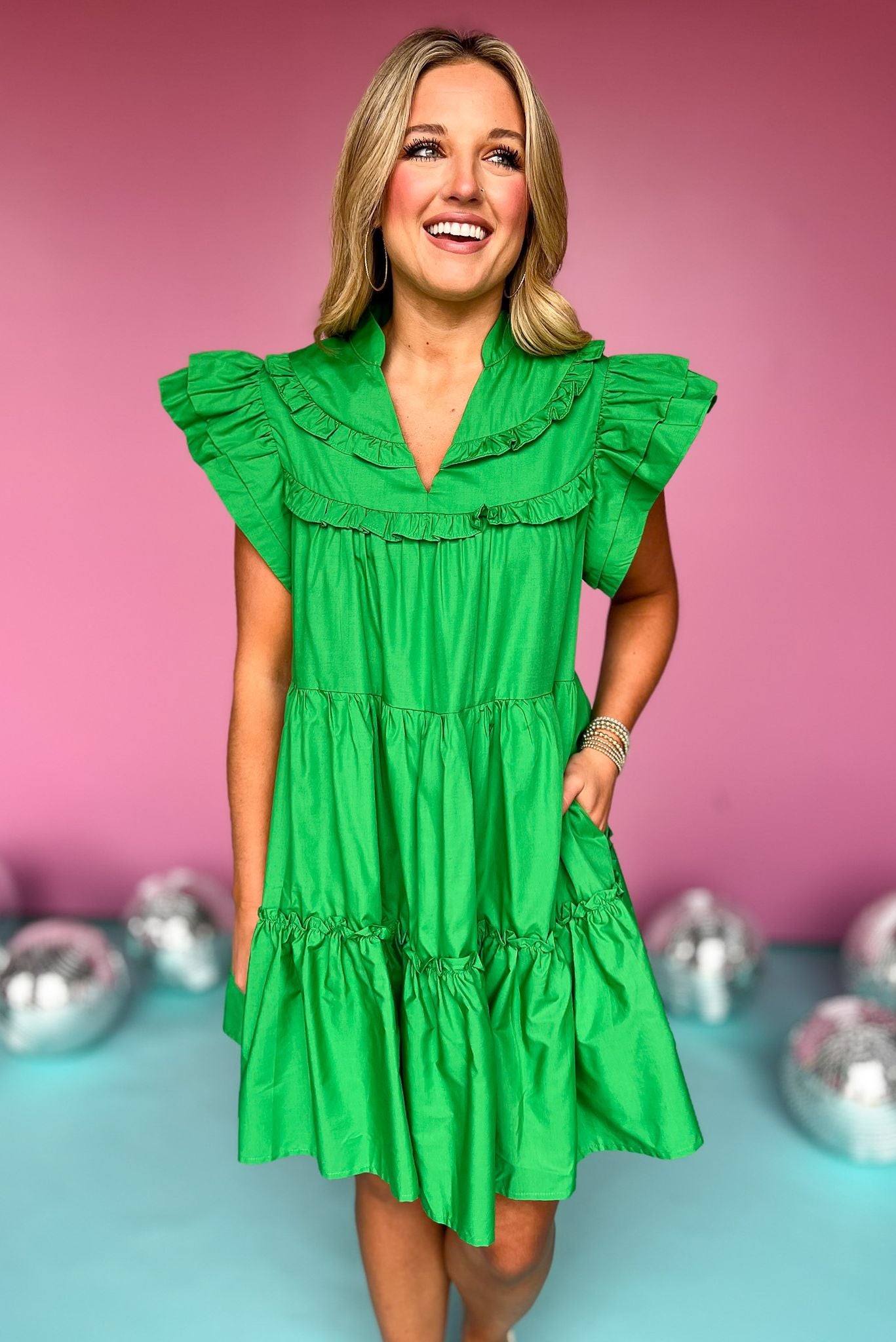 Kelly Green V Neck Ruffle Sleeve Tiered Dress, dress, short sleeve dress, v neck dress, ruffle sleeve dress, tiered dress, kelly green dress, kelly green ruffle sleeve dress, kelly green v neck dress, must have dress, elevated dress, elevated style, summer dress, summer style, Shop Style Your Senses by Mallory Fitzsimmons, SSYS by Mallory Fitzsimmons
