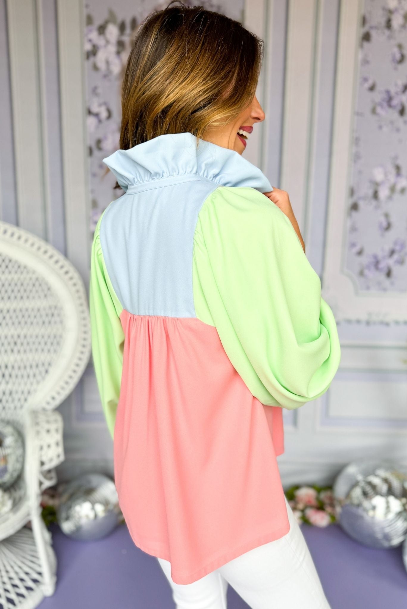 Emily McCarthy top, colorblock top, special occasion top, ruffle collar top, designer top, must have top, spring top, elevated top, mom style, shop style your senses by Mallory Fitzsimmons, ssys by Mallory Fitzsimmons, Edit alt text