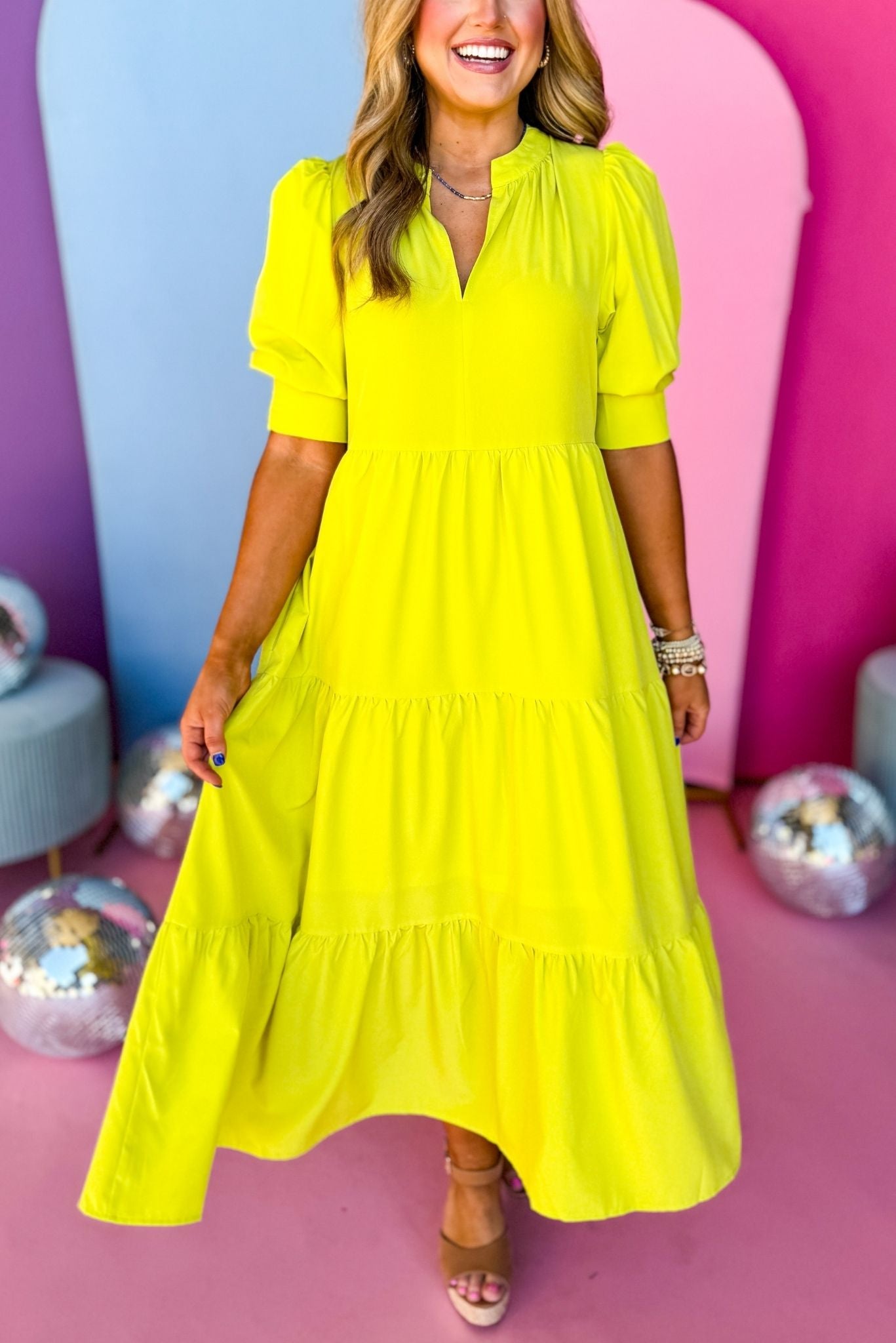 Bright Green Split Neck Three Quarter Sleeve Tiered Midi Dress, must have dress, must have style, brunch style, spring fashion, elevated style, elevated dress, mom style, shop style your senses by mallory fitzsimmons, ssys by mallory fitzsimmons