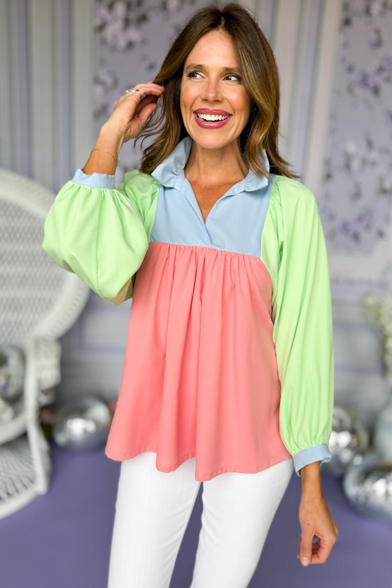 Emily McCarthy top, colorblock top, special occasion top, ruffle collar top, designer top, must have top, spring top, elevated top, mom style, shop style your senses by Mallory Fitzsimmons, ssys by Mallory Fitzsimmons, Edit alt text