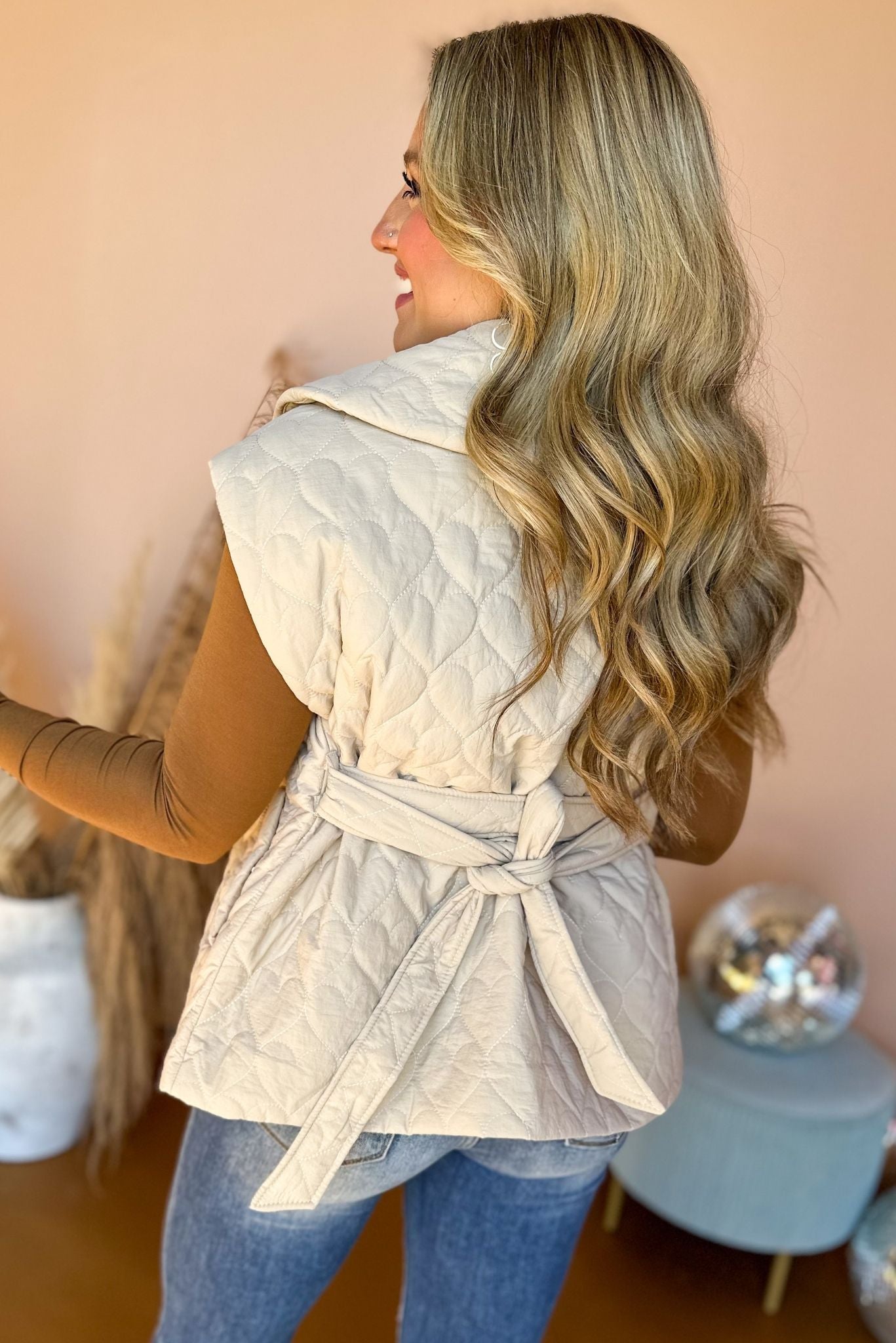 Beige Quilted Heart Oversized Collared Tie Waist Vest, must have vest, must have style, elevated style, elevated vest, fall style, fall fashion, fall vest, quilted vest, mom style, shop style your senses by mallory fitzsimmons