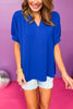 Blue Collared V Neck Short Sleeve Top, bright top, office top, must have top, must have style, summer style, spring fashion, elevated style, elevated top, mom style, shop style your senses by mallory fitzsimmons, ssys by mallory fitzsimmons  Edit alt text
