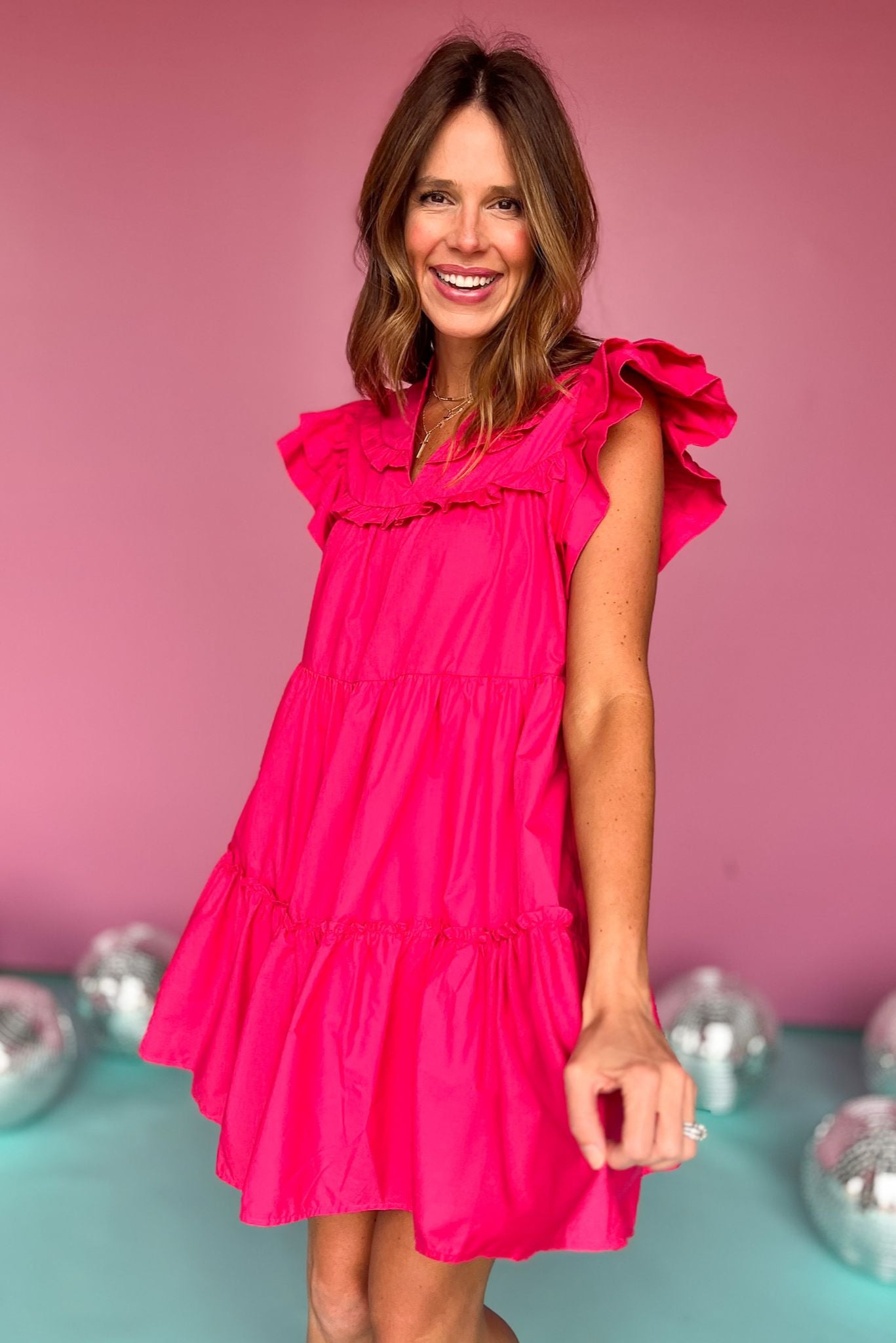 Magenta V Neck Ruffle Sleeve Tiered Dress, dress, short sleeve dress, ruffle sleeve dress, short ruffle sleeve dress, v neck dress, magenta dress, magenta tiered dress, magenta ruffle dress, must have dress, elevated dress, elevated style, summer dress, summer style, Shop Style Your Senses by Mallory Fitzsimmons, SSYS by Mallory Fitzsimmons