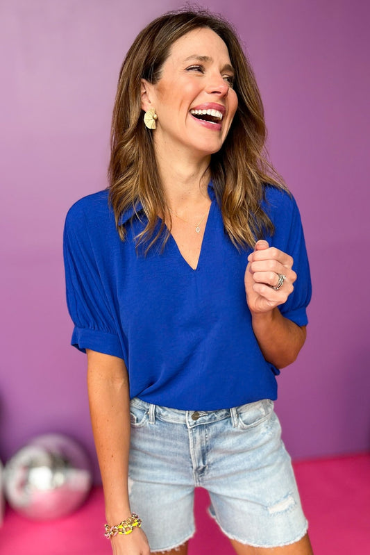Blue Collared V Neck Short Sleeve Top, bright top, office top, must have top, must have style, summer style, spring fashion, elevated style, elevated top, mom style, shop style your senses by mallory fitzsimmons, ssys by mallory fitzsimmons