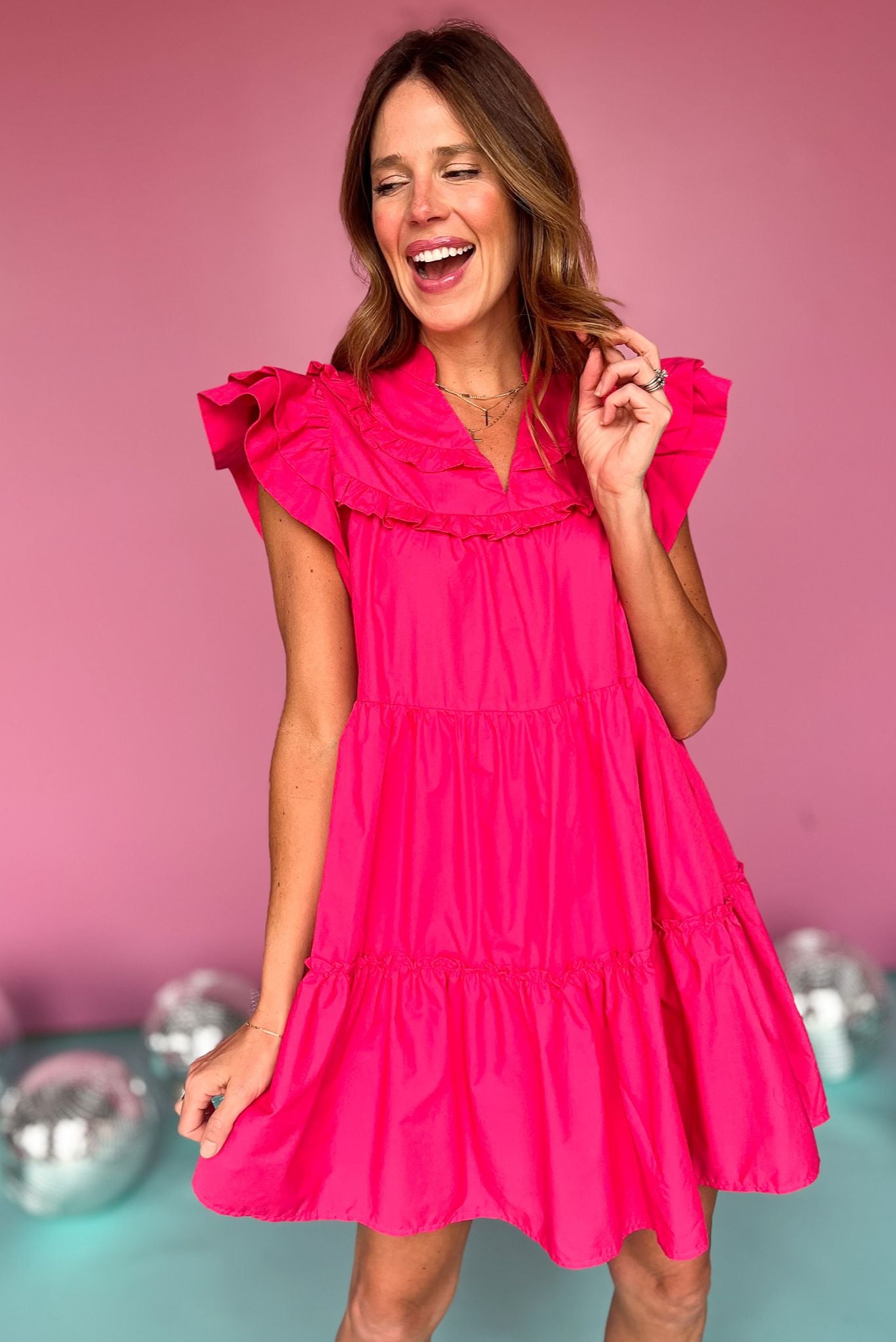 Magenta V Neck Ruffle Sleeve Tiered Dress, dress, short sleeve dress, ruffle sleeve dress, short ruffle sleeve dress, v neck dress, magenta dress, magenta tiered dress, magenta ruffle dress, must have dress, elevated dress, elevated style, summer dress, summer style, Shop Style Your Senses by Mallory Fitzsimmons, SSYS by Mallory Fitzsimmons