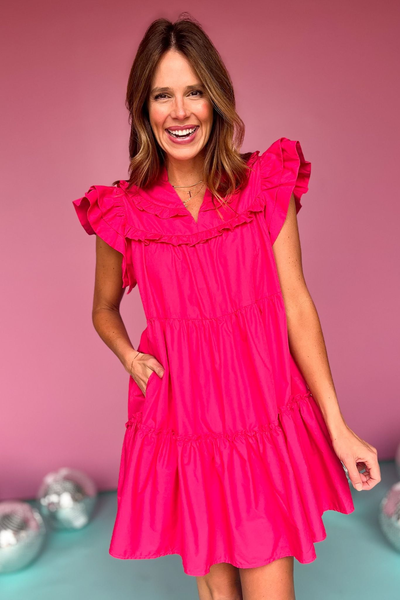 Magenta V Neck Ruffle Sleeve Tiered Dress, dress, short sleeve dress, ruffle sleeve dress, short ruffle sleeve dress, v neck dress, magenta dress, magenta tiered dress, magenta ruffle dress, must have dress, elevated dress, elevated style, summer dress, summer style, Shop Style Your Senses by Mallory Fitzsimmons, SSYS by Mallory Fitzsimmons