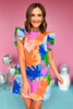 Blue Multi Floral Frill Neck Smocked Ruffle Sleeve Dress