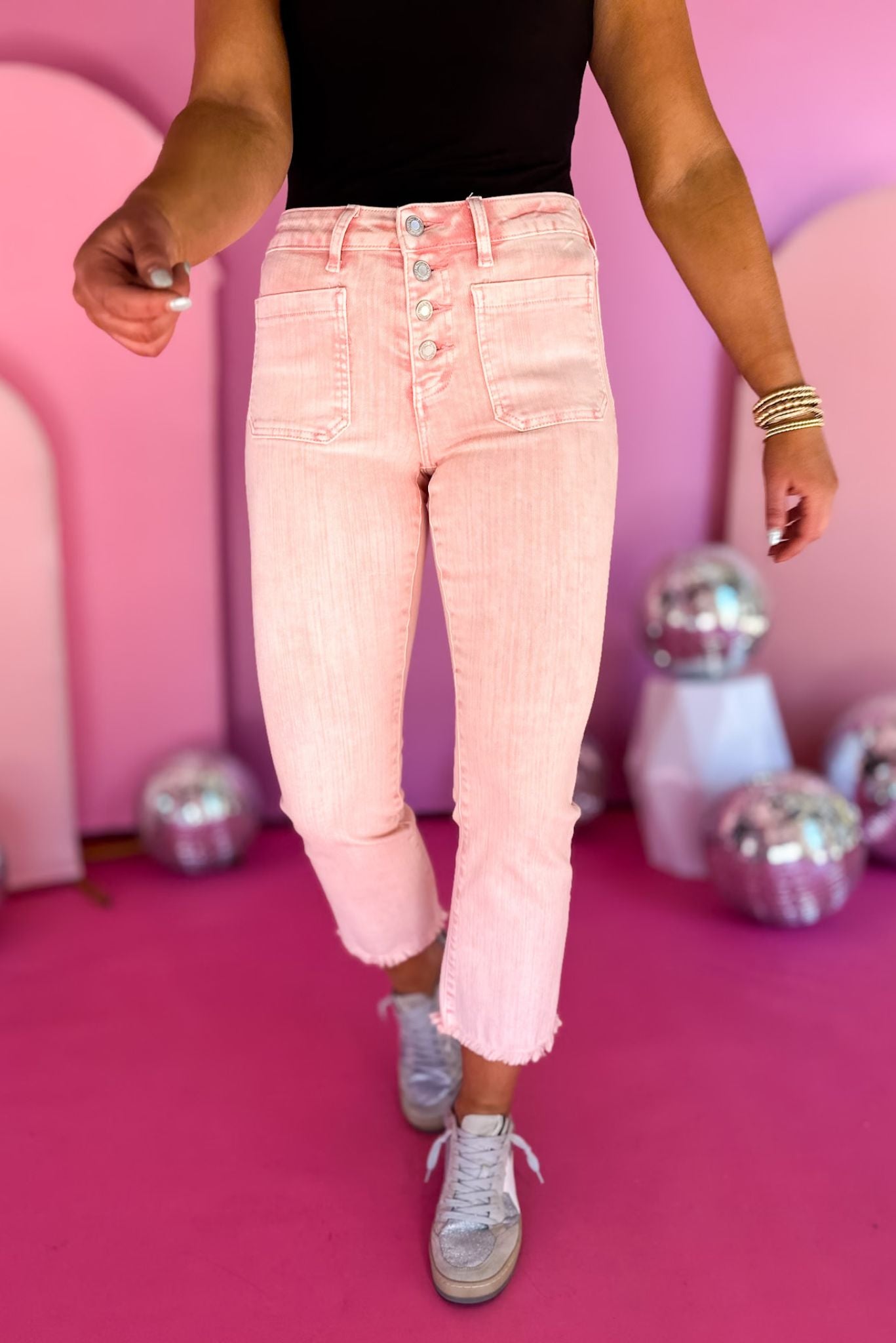 Vervet Pink Wash Mid Rise Front Pocket Crop Flare Jeans,  pink jeans, crop jeans, must have jeans, must have style, must have comfortable style, spring fashion, spring style, street style, mom style, elevated comfortable, elevated style, shop style your senses by mallory fitzsimmons