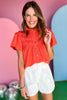 Orange Collared Frill Detail Shoulder Short Sleeve Button Down Top, orange top, button down top, must have top, must have style, summer style, spring fashion, elevated style, elevated top, mom style, shop style your senses by mallory fitzsimmons, ssys by mallory fitzsimmons