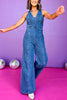 Denim V Neck Sleeveless Tie Open Back Wide Leg Jumpsuit, must have jumpsuit, denim jumpsuit, concert style, western style, Nashville style, elevated look, mom style, shop style your senses by Mallory Fitzsimmons, ssys by Mallory Fitzsimmons  Edit alt text
