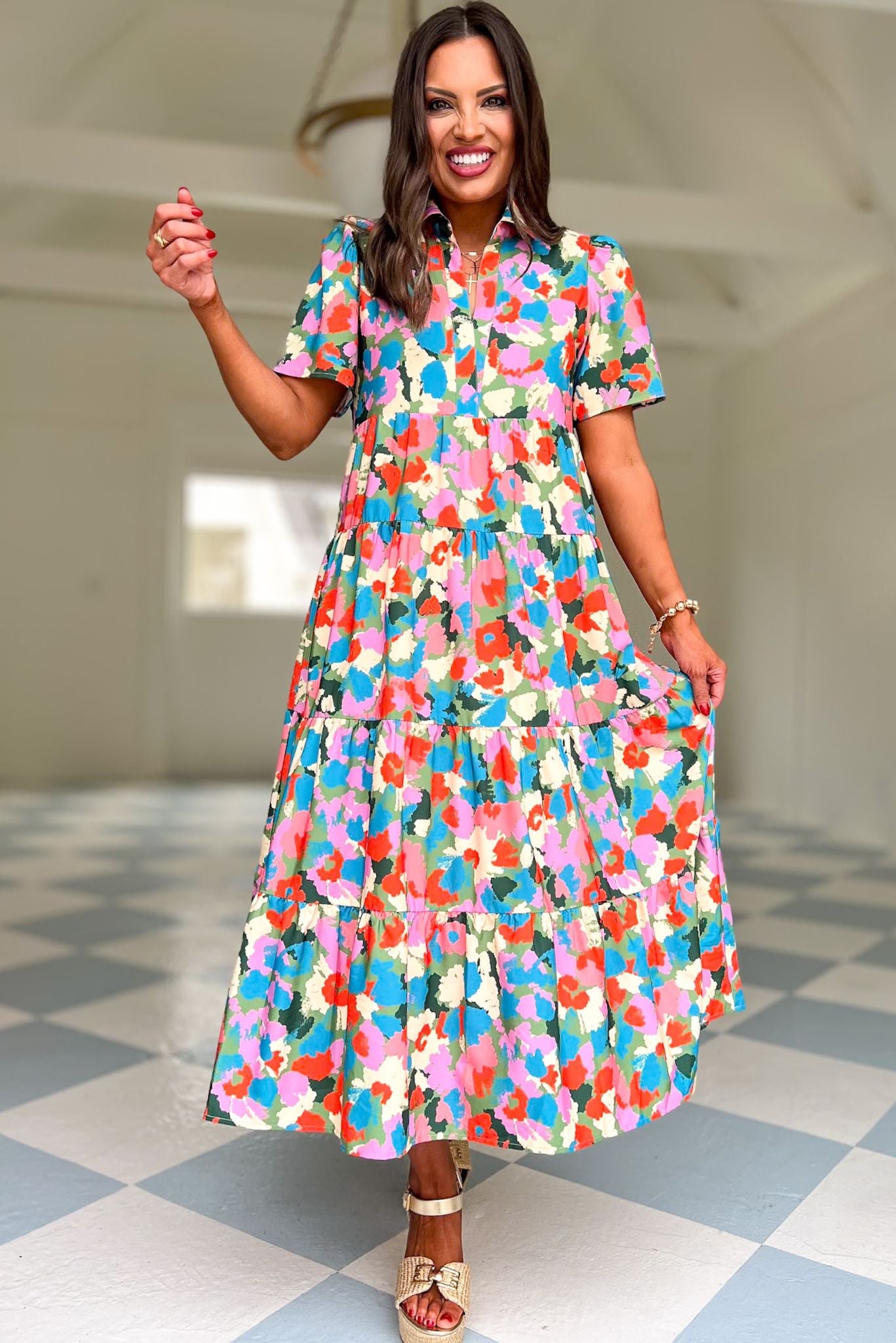 SSYS The Short Sleeve Emery Midi Dress In Olive Spotted, ssys the label, ssys dress, printed dress, must have dress, must have style, weekend style, brunch style, spring fashion, elevated style, elevated style, mom style, shop style your senses by mallory fitzsimmons, ssys by mallory fitzsimmons